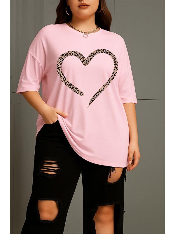 Oksit Love Kadın Büyük Beden Battal Baskılı Bisiklet Yaka Pamuklu T-Shirt Rahat Kesim Unisex Sevgili Kombi