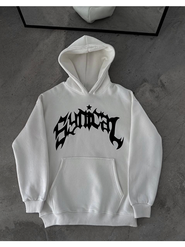 Jane's Kışlık Kapüşonlu Baskılı Oversize SweatShirt- Beyaz