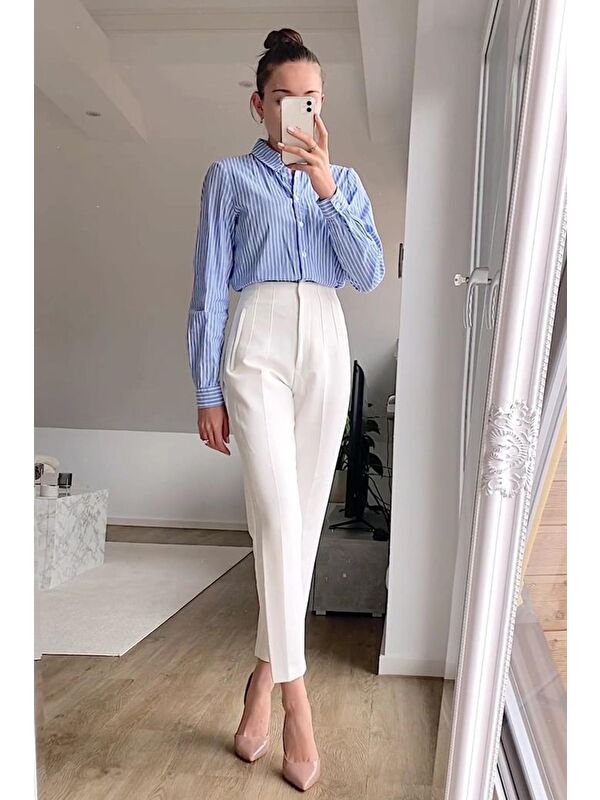 Madmext Beyaz Önü Biyeli Yüksek Bel Kadın Pantolon Mg2425