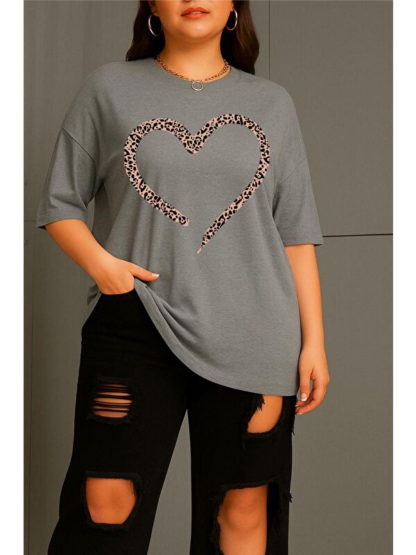 Oksit Love Kadın Büyük Beden Battal Baskılı Bisiklet Yaka Pamuklu T-Shirt Rahat Kesim Unisex Sevgili Kombi