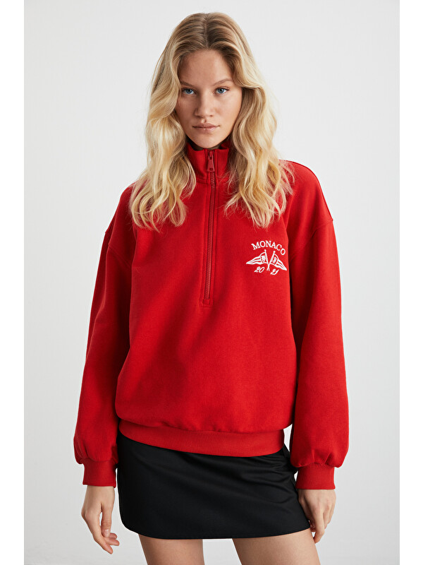 ETHIQUET MEYBELINA Kadın  Organik Pamuklu Kemik fermuarlı  Dik Yaka Yazılı Baskılı KIRMIZI Sweatshirt