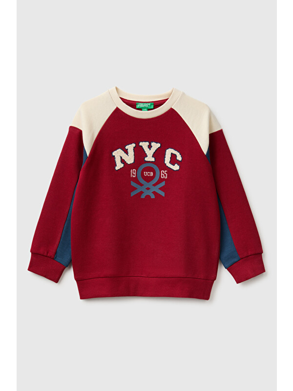 United Colors Of Benetton Erkek Bebek Kırmızı Önü İşlemeli Ribanalı Renk Bloklu Bisiklet Yaka Sweatshirt