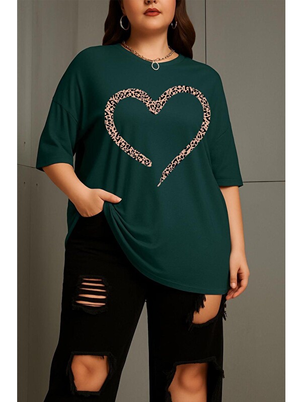 Oksit Love Kadın Büyük Beden Battal Baskılı Bisiklet Yaka Pamuklu T-Shirt Rahat Kesim Unisex Sevgili Kombi