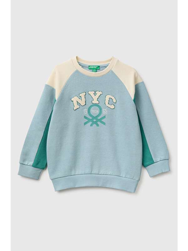 United Colors Of Benetton Erkek Bebek Mavi Mix Önü İşlemeli Ribanalı Renk Bloklu Bisiklet Yaka Sweatshirt