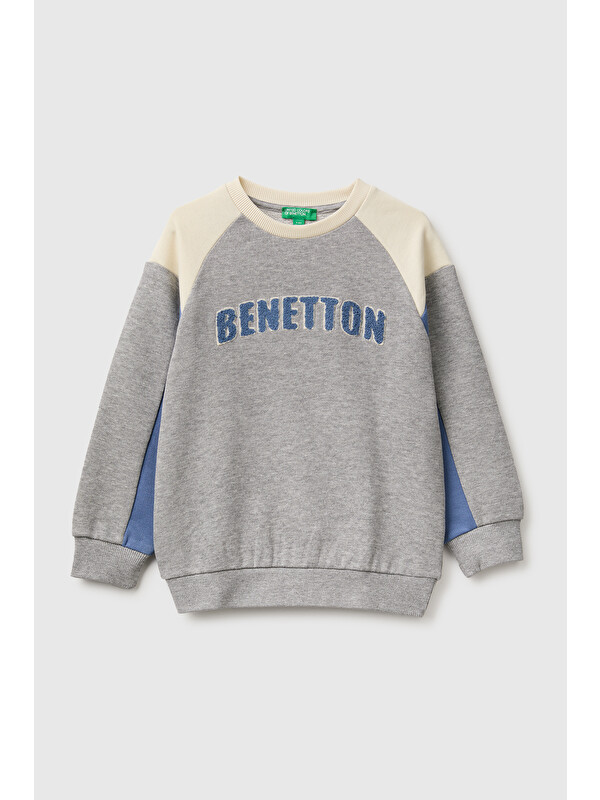 United Colors Of Benetton Erkek Bebek Krem Mix Önü İşlemeli Ribanalı Renk Bloklu Bisiklet Yaka Sweatshirt