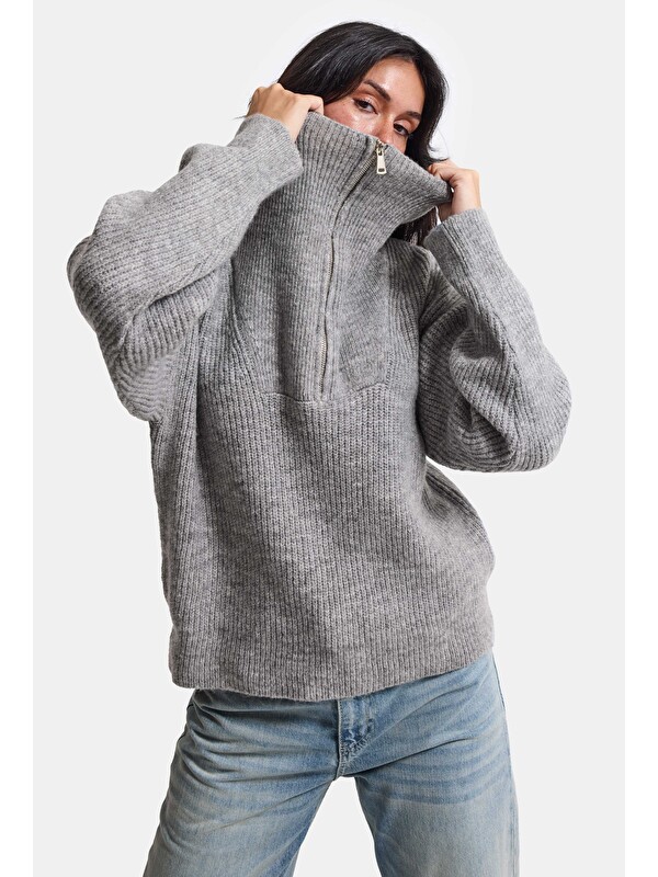 It's Basic Kadın Gri w6-12 Oversize Fermuarlı Triko Kazak
