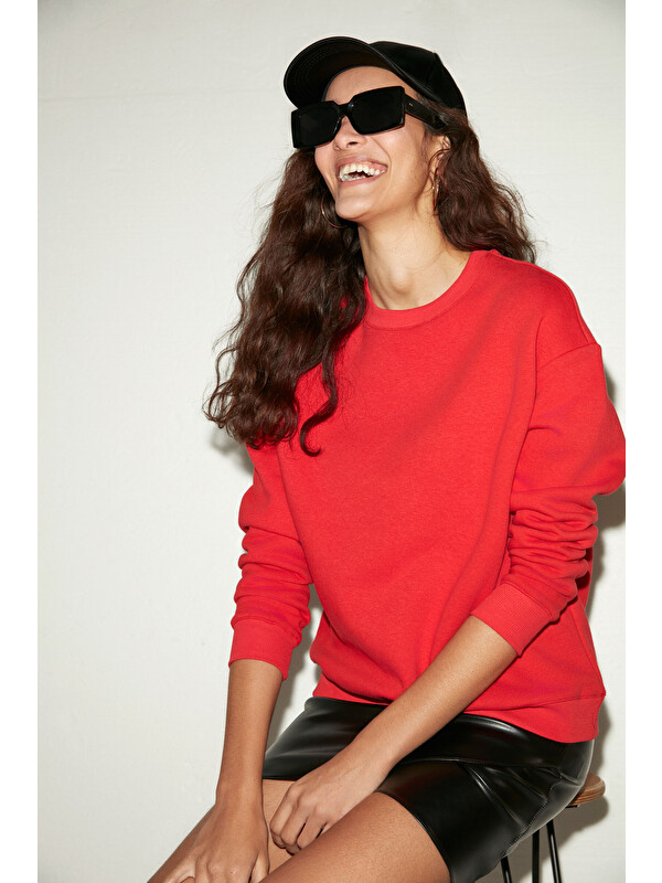 GRIMELANGE SUSANA Kadın Bisiklet Yaka İçi Polarlı Oversize Fit Basic KIRMIZI Sweatshirt