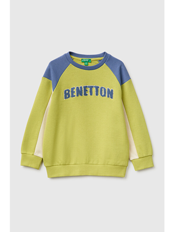 United Colors Of Benetton Erkek Bebek Fıstık Yeşili Önü İşlemeli Ribanalı Renk Bloklu Bisiklet Yaka Sweatshirt