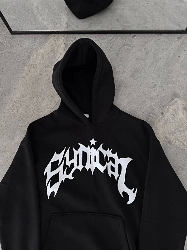 Jane's Kışlık Kapüşonlu Baskılı Oversize SweatShirt- Siyah