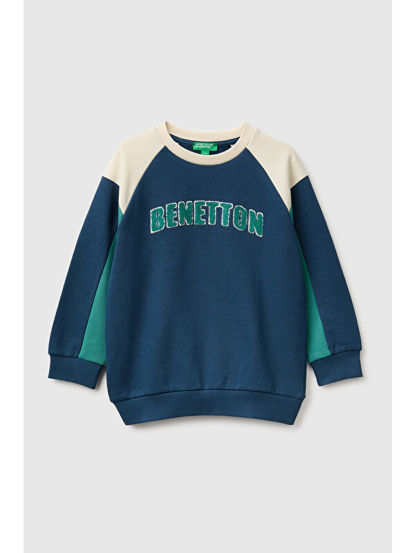 United Colors Of Benetton Erkek Bebek Lacivert Önü İşlemeli Ribanalı Renk Bloklu Bisiklet Yaka Sweatshirt