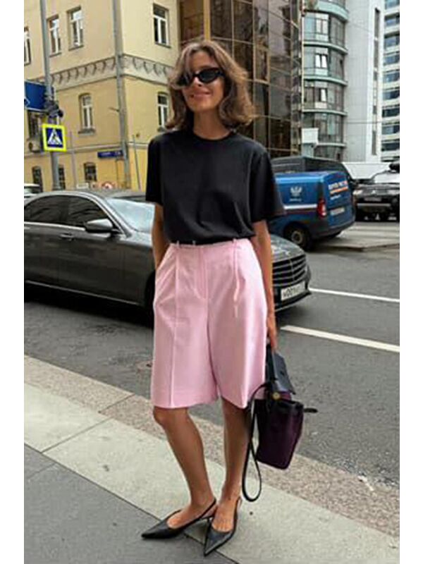 Madmext Pembe Pileli Kadın Bermuda Şort Mg2483