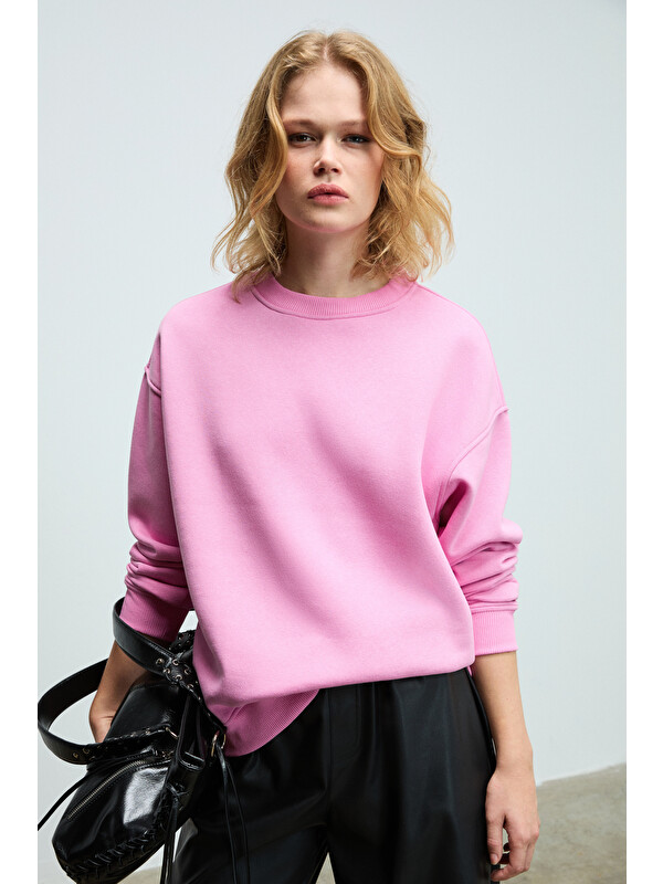 GRIMELANGE SUSANA Kadın Bisiklet Yaka İçi Polarlı Oversize Fit Basic AÇIK PEMBE Sweatshirt