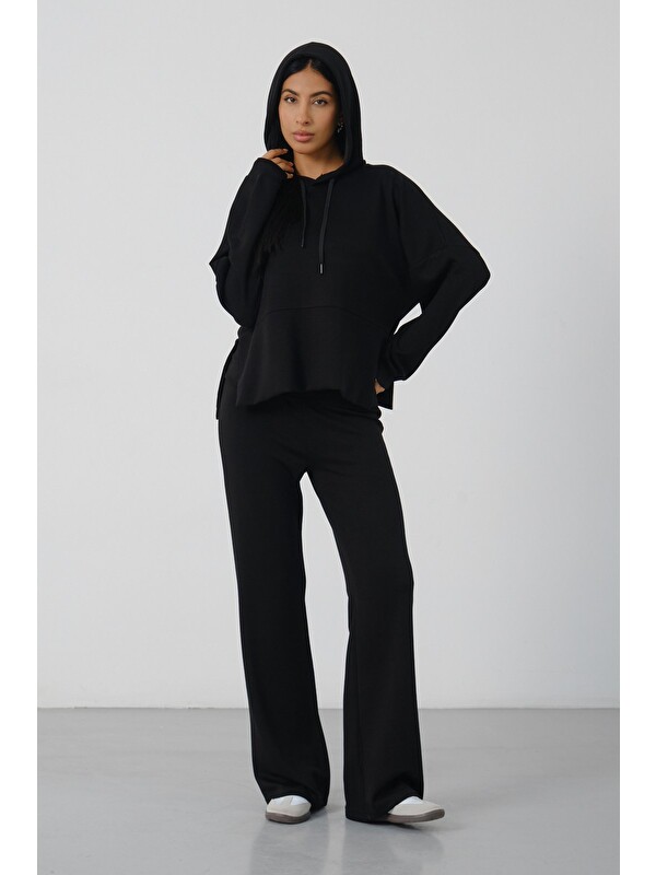 Shooter Sportswear Siyah Kadın Kapüşonlu Salaş Takım Oversize Sweat ve Geniş Paça Alt