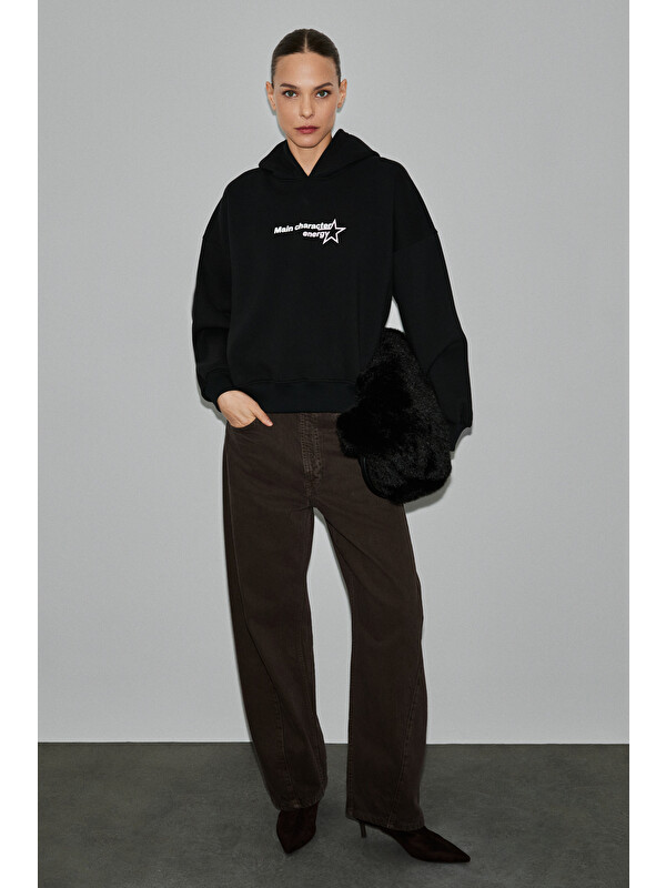 GRIMELANGE TERALY Kadın Organik Pamuklu Polarlı Kumaşlı Baskı Detaylı SİYAH Sweatshirt
