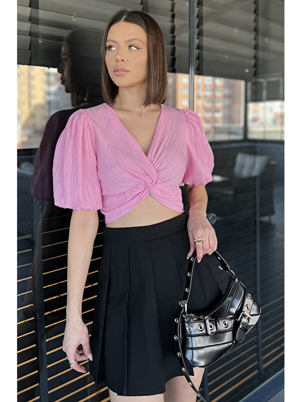 Gülseli Kadın Ön Düğüm Detaylı Yan Fermuarlı Balon Kol Crop Top Bluz