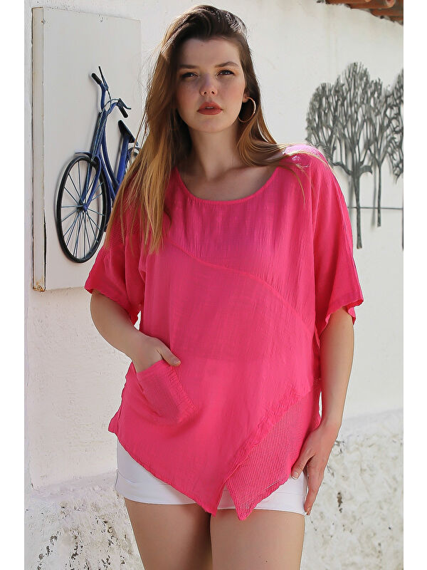 Chiccy Koyu Pembe Havuz Yaka Cepli File Detaylı Yıkamalı Casual Asimetrik Dokuma Bluz 70 65