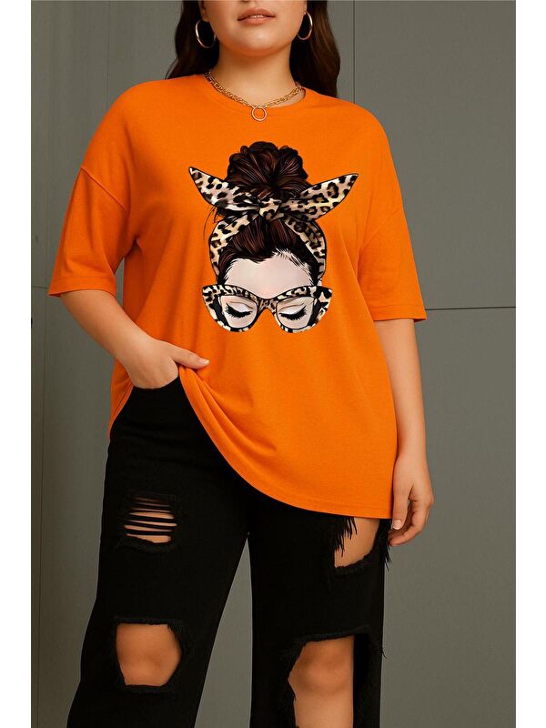 Oksit Ceny Kadın Büyük Beden Battal Baskılı Bisiklet Yaka Pamuklu T-Shirt Rahat Kesim Unisex Sevgili Kombi