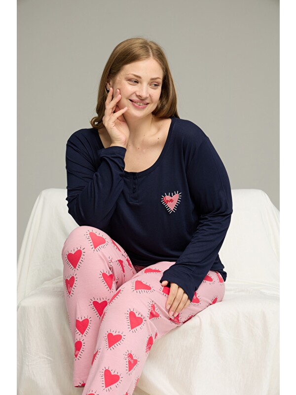Siyah İnci Lacivert Desenli Curve Büyük Beden Battal Boy Pamuklu Pijama Takım25240767
