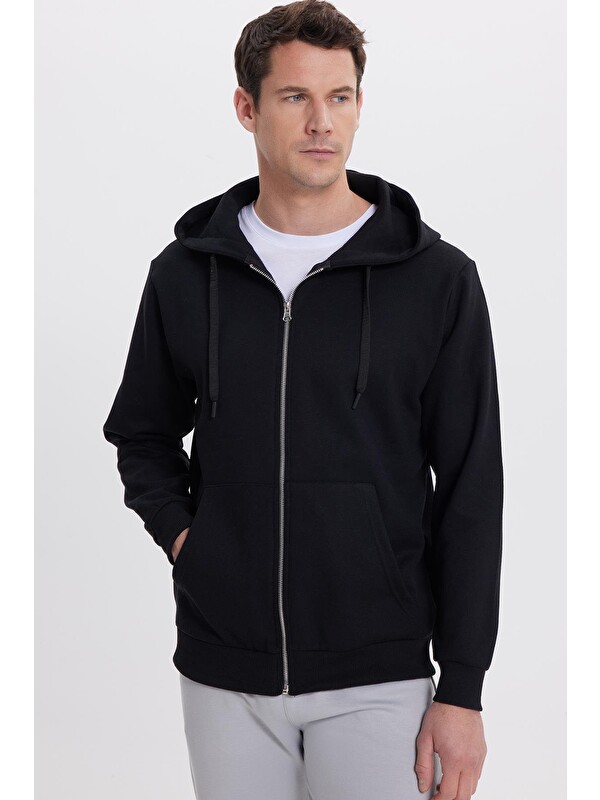 TUDORS Unisex Relax Fit Rahat Kesim Pamuklu İçi Polarlı Çift Cepli Tam Fermuarlı Siyah Kapüşonlu Sweatshirt