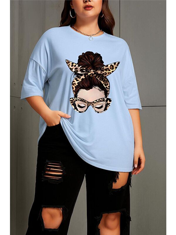 Oksit Ceny Kadın Büyük Beden Battal Baskılı Bisiklet Yaka Pamuklu T-Shirt Rahat Kesim Unisex Sevgili Kombi