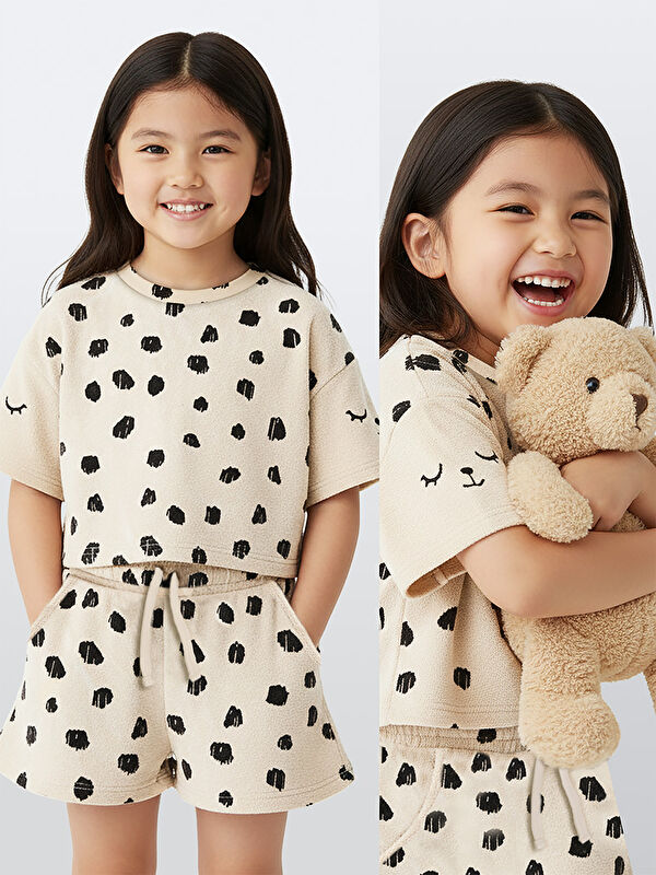 Denokids Leopar Kız Çocuk Havlu Şort T-shirt Takım