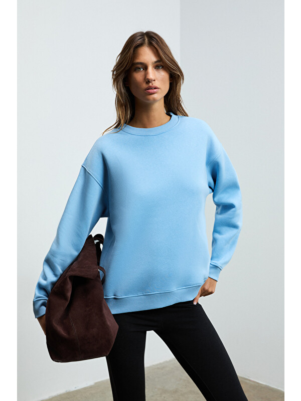 GRIMELANGE SUSANA Kadın Bisiklet Yaka İçi Polarlı Oversize Fit Basic MAVİ Sweatshirt