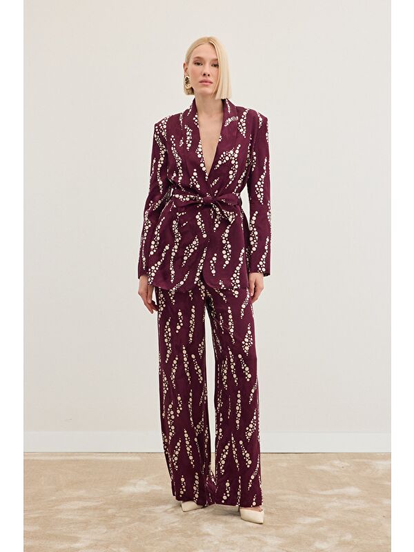 SATEEN Desenli Bol Paça Pantolon - Bordo