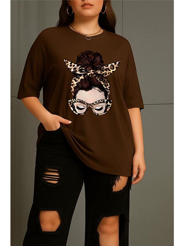Oksit Ceny Kadın Büyük Beden Battal Baskılı Bisiklet Yaka Pamuklu T-Shirt Rahat Kesim Unisex Sevgili Kombi