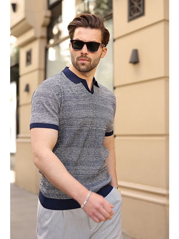 Madmext Lacivert Polo Yaka Regular Fit Erkek Triko Tişört E7496