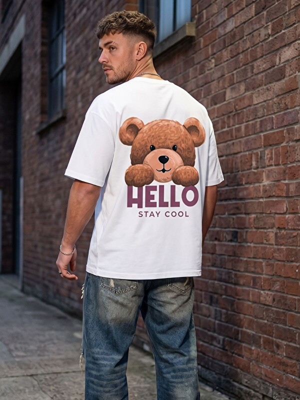 Trendseninle Beyaz Hello Stay Cool Baskılı Oversize Tişört