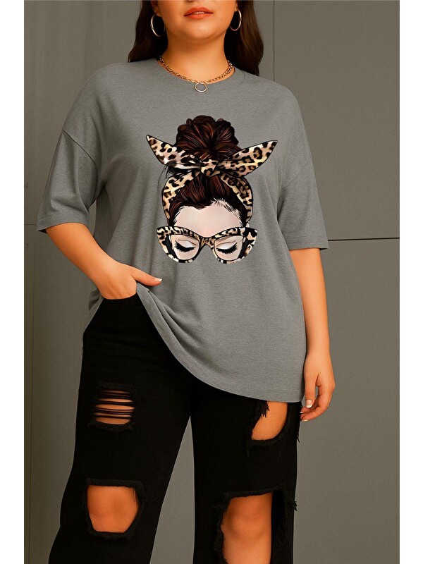 Oksit Ceny Kadın Büyük Beden Battal Baskılı Bisiklet Yaka Pamuklu T-Shirt Rahat Kesim Unisex Sevgili Kombi