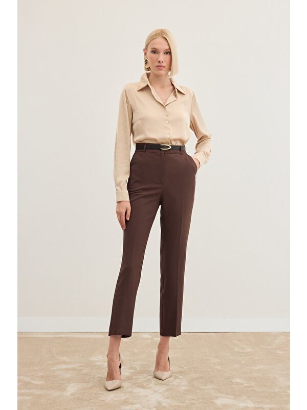 SATEEN Kemerli Pantolon - Kahve