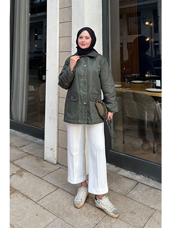 Locco Moda Kadın Kolları Apoletli Trenç Haki Yeşil