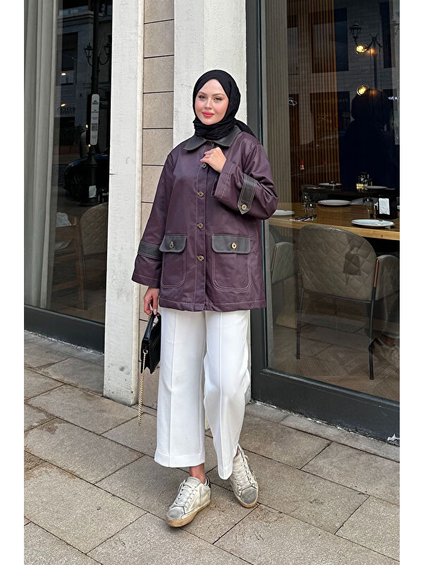 Locco Moda Kadın Kolları Apoletli Trenç Mürdüm
