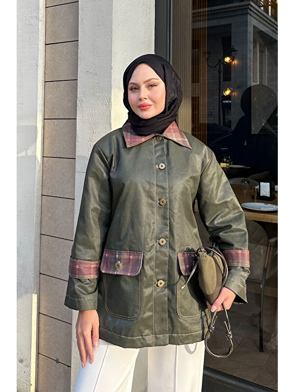 Locco Moda Kadın Kolları Apoletli Trenç Koyu Yeşil