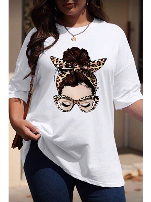 Oksit Ceny Kadın Büyük Beden Battal Baskılı Bisiklet Yaka Pamuklu T-Shirt Rahat Kesim Unisex Sevgili Kombi