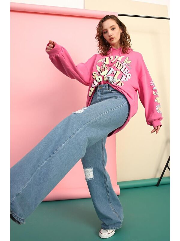ALLDAY Mavi01-Yırtık Detaylı Wide Leg Pantolon