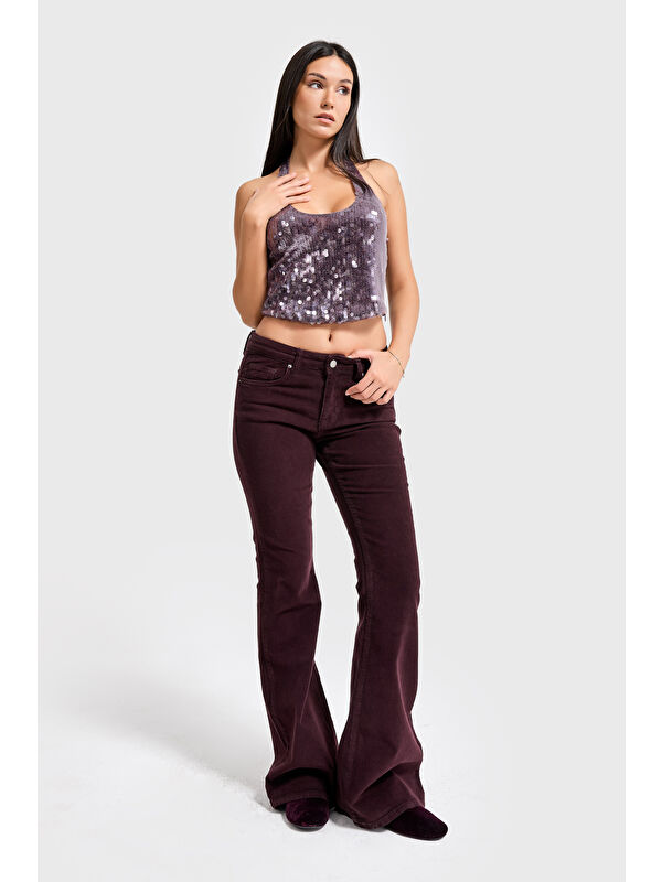 It's Basic Kadın Koyu Bordo 29w5-153 Flare Fit Esnek İnce Fitilli Velvet Kadife Kumaş Pantolon