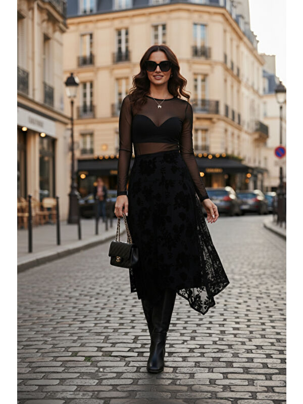 Lela Regular Fit Asimetrik Çiçek Dokulu Fermuarlı Kadın Midi Boy Etek 59137182