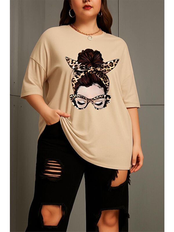 Oksit Ceny Kadın Büyük Beden Battal Baskılı Bisiklet Yaka Pamuklu T-Shirt Rahat Kesim Unisex Sevgili Kombi