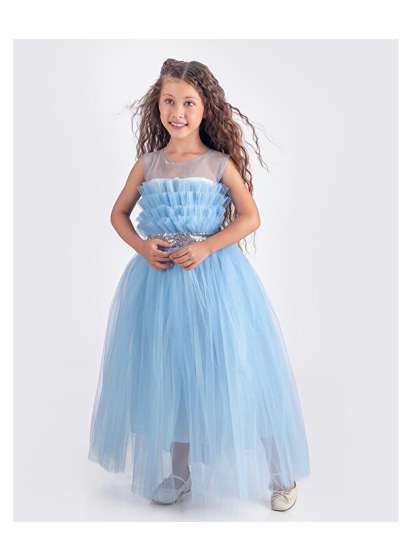Mnk Baby & Kids Sapes Model Sırt Gipeli Tüllü Kız Çocuk Askılı Saten Abiye MNK0618
