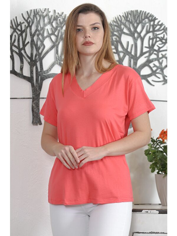 Chiccy Koyu Pembe V Yaka Kısa Kol Örme Casual Bluz