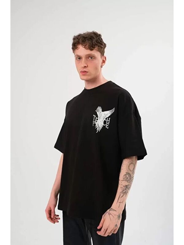 Jane's Unisex Bisiklet Yaka Baskılı Oversize T-Shirt - Siyah