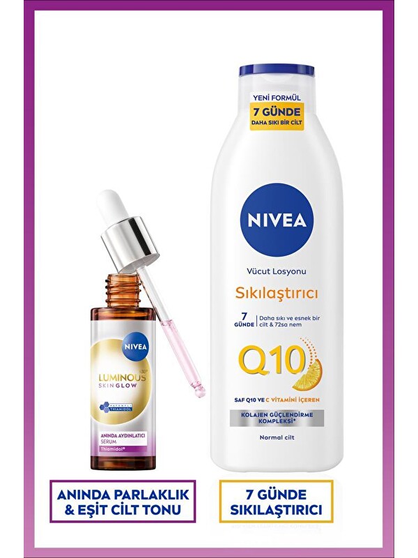 NIVEA Luminous630 Skin Glow Aydınlatıcı Cilt Serumu 30ml ve Q10 Sıkılaştırıcı Vücut Losyonu 250ml