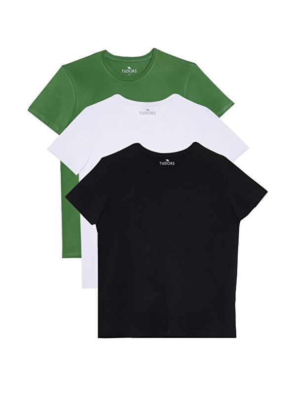 TUDORS Unisex 3'Lü Paket Siyah-Beyaz-Yeşil Slim Fit Dar Kesim %100 Pamuk Bisiklet Yaka Tişört