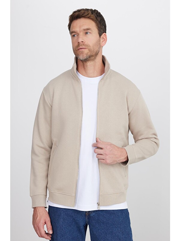 TUDORS Unisex Relax Fit Rahat Kesim Pamuklu İçi Polarlı Fermuarlı Taş Dik Yaka Flato Cepli Sweatshirt Hırka