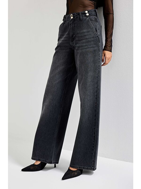 It's Basic Kadın Füme Renk 2w5-1 Wide Leg Fit Bol Kesim %100 Pamuk Kemer Detaylı Denim Jean