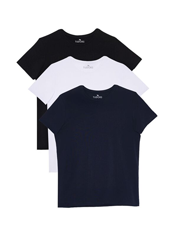 TUDORS Unisex 3'Lü Paket Siyah-Beyaz-Lacivert Slim Fit Dar Kesim %100 Pamuk Bisiklet Yaka Tişört