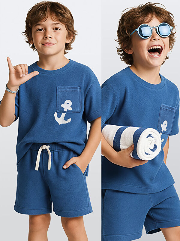 Denokids Çapa Erkek Çocuk Mavi Havlu Şort T-shirt Takım