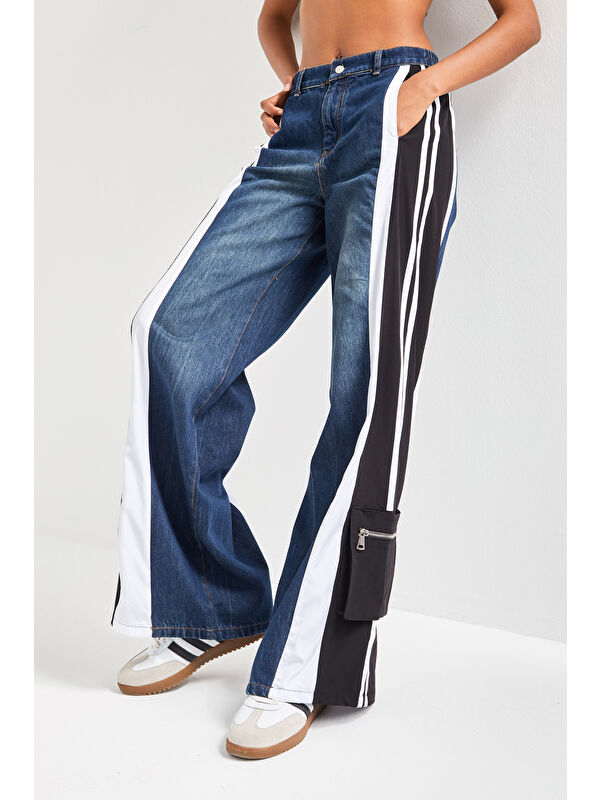 It's Basic Kadın Jean Rengi Parçalı Kumaş Bol Kesim Özel Tasarım Denim Jean